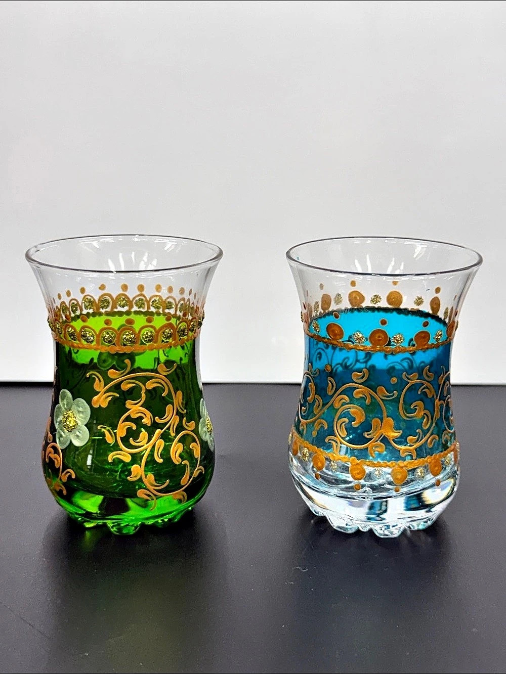 Pair Hand Painted Turkish Style Tea Glasses Green Blue Gold Floral Arabesque